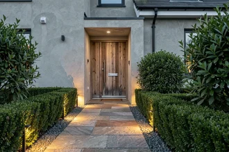 Éclairage extérieur discret le long d'une allée en pierre devant une maison moderne au crépuscule