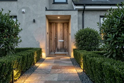 Éclairage extérieur discret le long d'une allée en pierre devant une maison moderne au crépuscule
