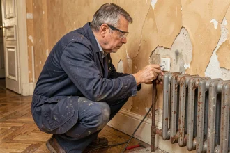 Électricien inspectant une prise ancienne près d'un radiateur fonte dans un appartement ancien