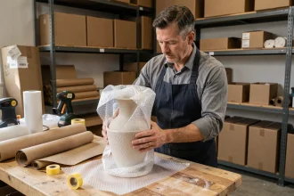 Emballeur professionnel protégeant un vase en céramique avec du papier à bulles dans un atelier d'emballage réaliste