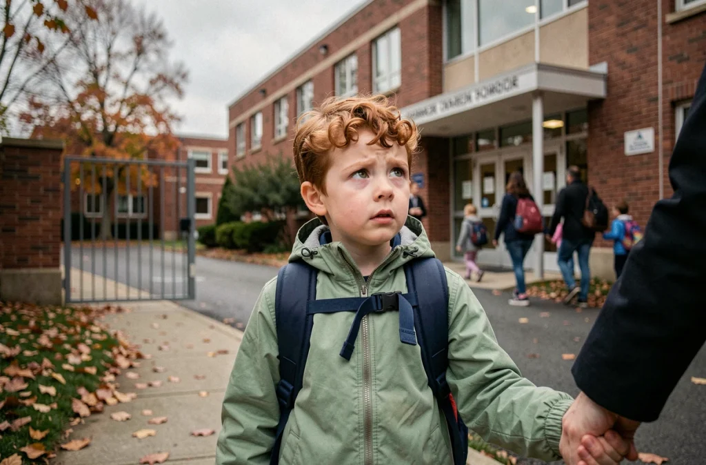 Jeune garçon nerveux avec son cartable devant l'entrée de sa nouvelle école lors de sa première rentrée après un déménagement