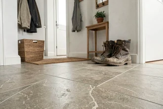 Entrée de maison moderne avec carrelage en grès cérame grand format de couleur greige, tapis de sol et porte-manteau mural