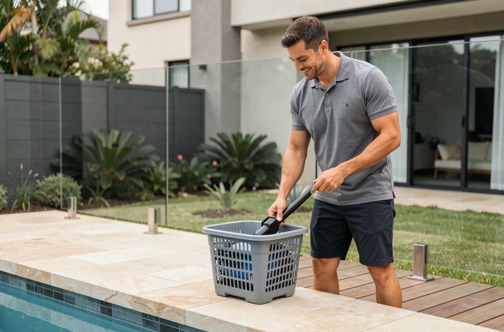 Homme inspectant le panier filtrant d'un robot hydraulique de piscine sur une terrasse en bois moderne