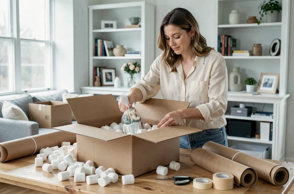 Femme emballant une figurine en porcelaine dans des cacahuètes de calage à l'intérieur d'une boîte en carton chez elle