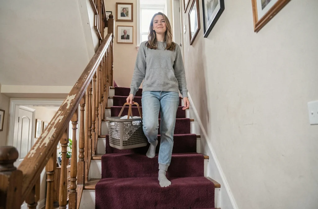 Femme descendant un escalier sécurisé avec des moquettes antidérapantes bordeaux dans une maison familiale