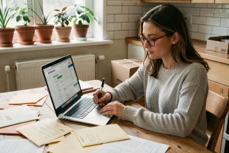 Femme remplissant un formulaire de réexpédition du courrier avant un déménagement, entourée d'enveloppes et de cartons