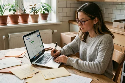 Femme remplissant un formulaire de réexpédition du courrier avant un déménagement, entourée d'enveloppes et de cartons