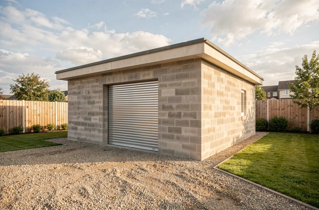 Garage de 20m2 en parpaings terminé avec porte métallique dans un jardin pavillonnaire