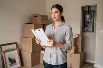 Femme organisant la gestion des énergies lors d'un déménagement avec un tableau de bord électrique visible en arrière-plan
