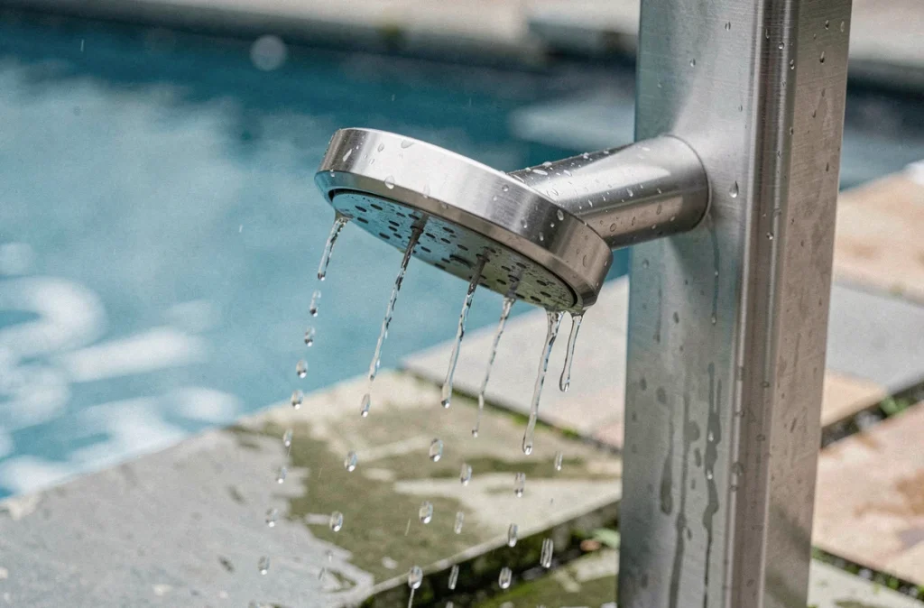 Gros plan sur une douche solaire en inox installée au bord d'une piscine extérieure