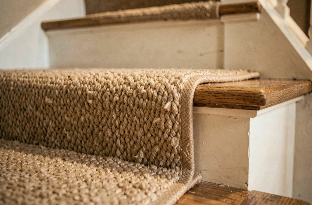 Gros plan sur une bande de moquette antidérapante beige posée sur une marche d'escalier en bois blanc