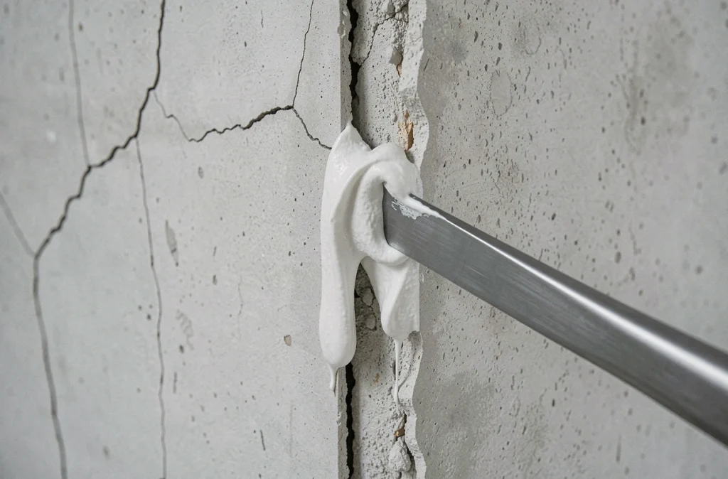 Gros plan sur un rebouchage profond au map enduit sur un mur fissuré, avec spatule métallique