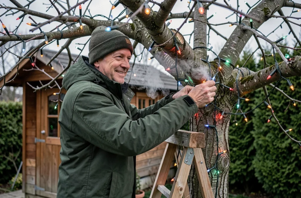 Homme d'âge mûr installant des guirlandes lumineuses colorées sur un pommier dans son jardin en hiver