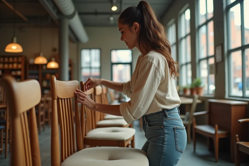 Jeune femme inspectant une chaise en bois d'occasion dans un magasin de meubles de seconde main