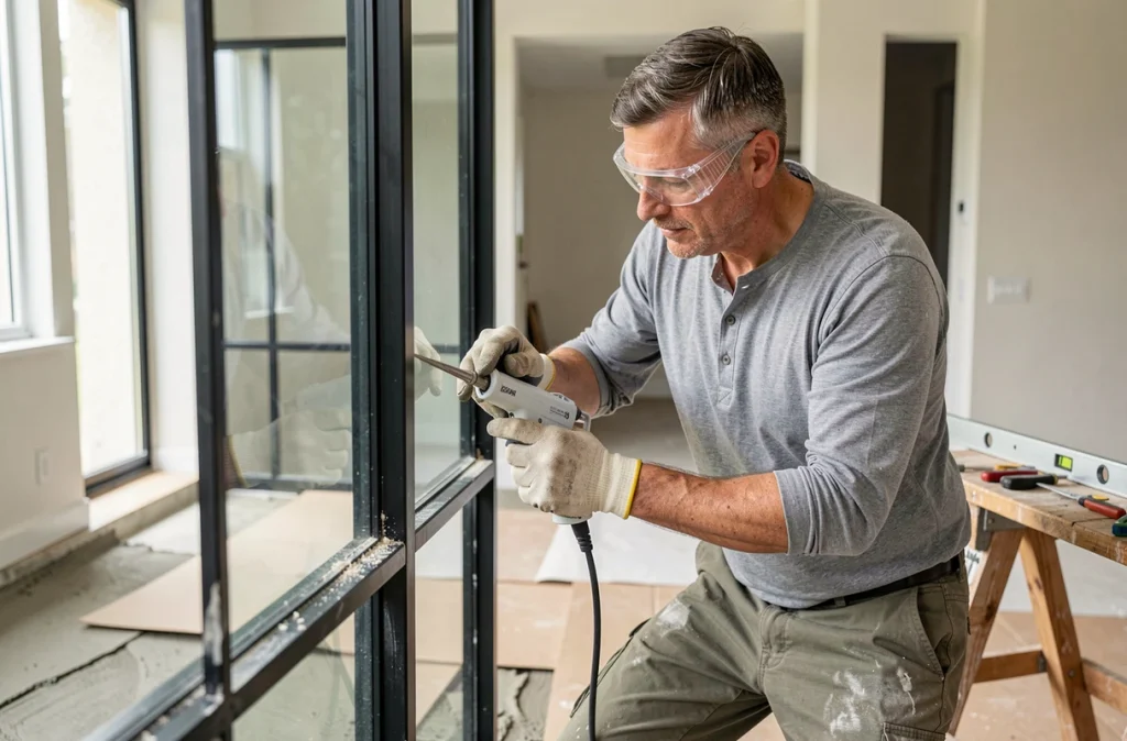 Artisan en train d'installer une verrière intérieure en acier et verre dans un salon contemporain, outils visibles au premier plan