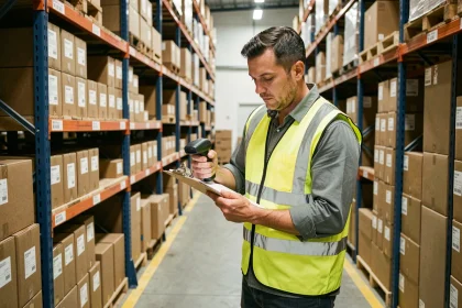 Agent logistique réalisant un inventaire de cartons dans un entrepôt avec un scanner de codes-barres