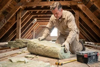 Artisan en combinaison posant de la laine de verre dans des combles en bois non aménagés pour améliorer l'isolation thermique