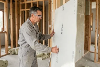 Ouvrier installant une plaque de plâtre sur une ossature bois lors d'une rénovation intérieure conforme à la RT 2026