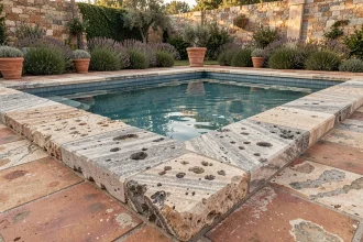 Margelles en pierre calcaire naturelle autour d'une piscine rectangulaire dans un jardin méditerranéen