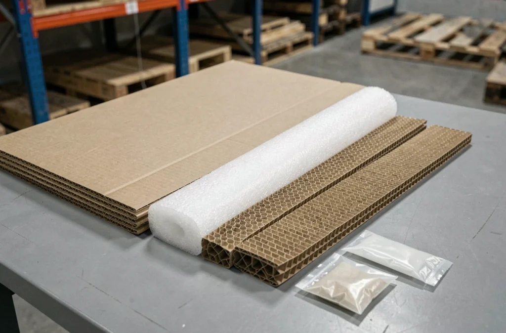 Matériaux de protection variés pour objets fragiles disposés sur une table industrielle grise dans un entrepôt
