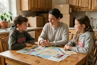 Mère et enfants planifiant ensemble le changement d'école avant un déménagement en examinant des brochures scolaires sur une table de cuisine