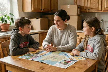Mère et enfants planifiant ensemble le changement d'école avant un déménagement en examinant des brochures scolaires sur une table de cuisine
