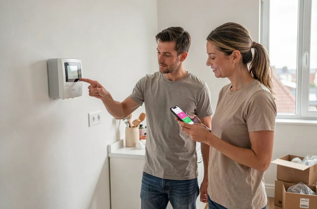 Couple consultant un compteur électrique connecté et une application fournisseur lors d'une mise en service après déménagement