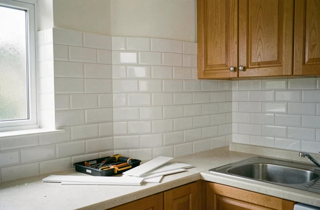 Mur de cuisine entièrement rénové avec des dalles PVC murales blanches posées en DIY