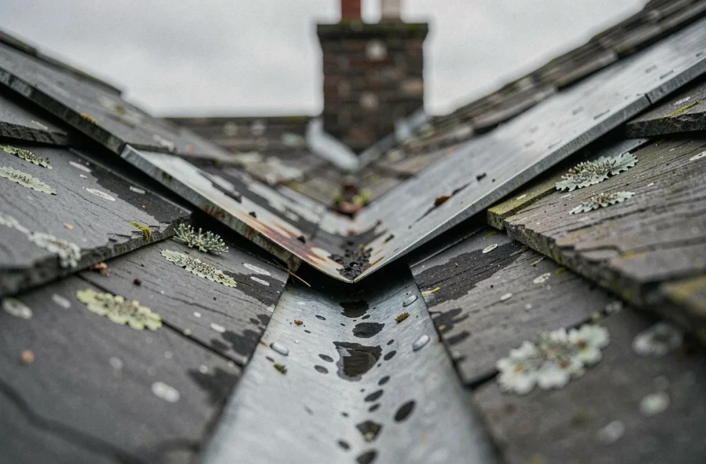 Détail d'un noue de toiture avec une solins en zinc décollé et des ardoises tachées d'humidité