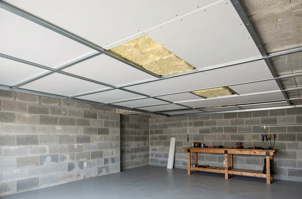 Intérieur de garage avec plafond isolé et faux plafond en plaques de plâtre sur ossature métallique, laine minérale visible