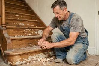 Artisan en train de poncer une marche d'escalier en bois ancien lors d'une rénovation sans remplacement