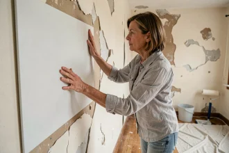 Femme posant une dalle PVC murale sur un mur abîmé lors d'une rénovation intérieure