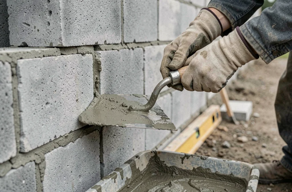 Gros plan sur la pose de mortier entre des parpaings lors de la construction d'un garage fait maison