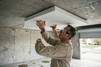 Artisan posant un panneau isolant rigide sur un plafond béton de garage, vue grand angle intérieur