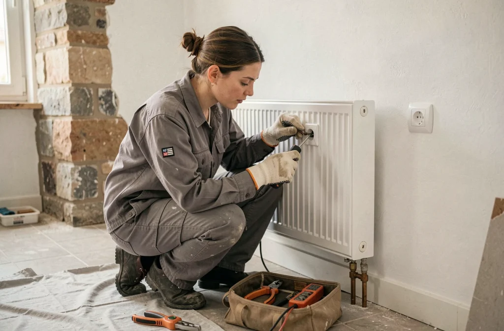 Électricienne posant une prise conforme aux normes à distance réglementaire d'un radiateur lors d'une rénovation