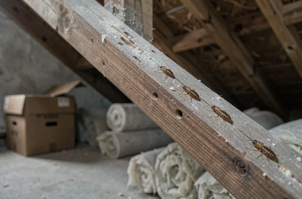 Poutre en bois d'un grenier endommagée par des termites ailés avec traces d'infestation visibles