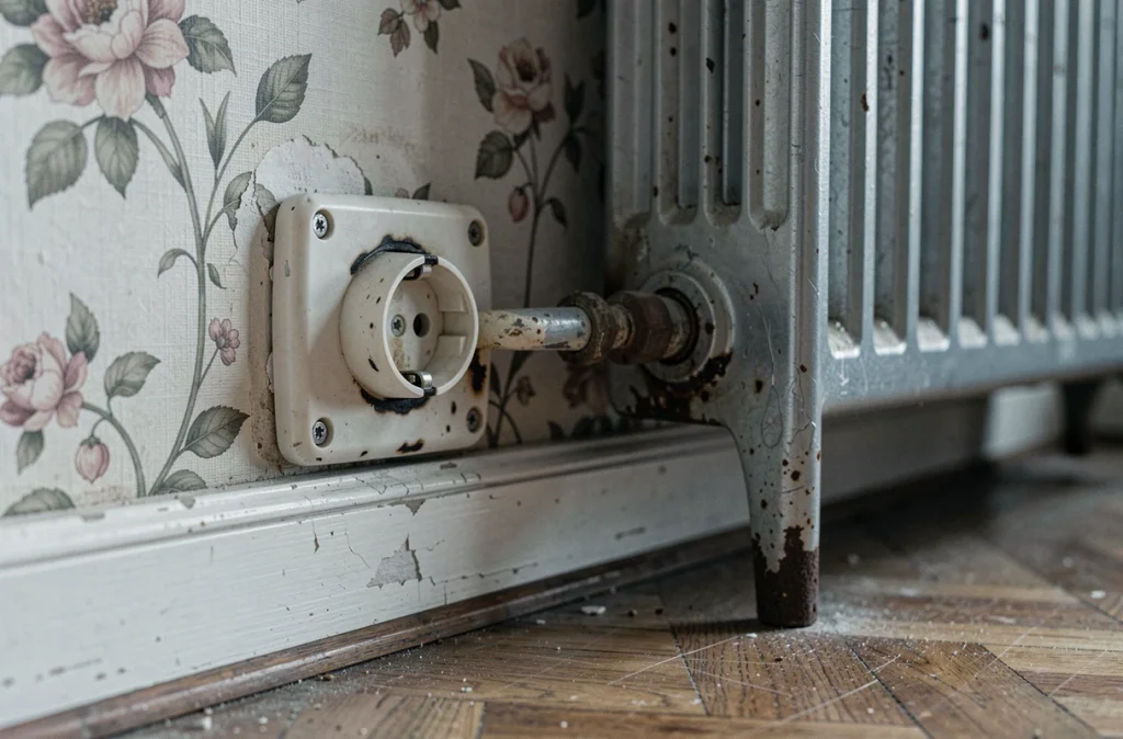 Prise électrique vétuste et non conforme installée à côté d'un radiateur panneau dans un vieux logement