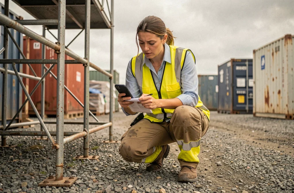 Professionnelle en tenue de sécurité utilisant un smartphone pour gérer ses interventions terrain avec Aedex Ec