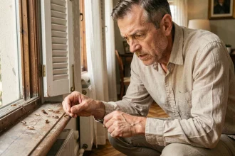 Propriétaire inspectant des termites ailés sur un cadre de fenêtre en bois à l'intérieur d'une maison