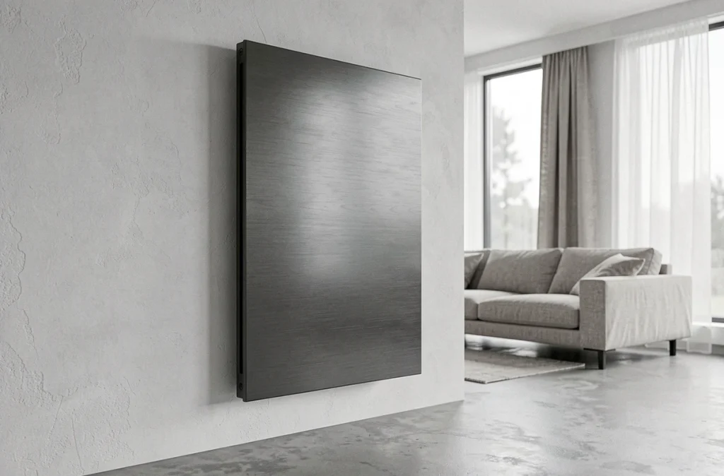 Radiateur en acier panneau plat anthracite dans un salon moderne minimaliste aux murs blancs