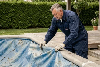 Technicien piscine retirant l'ancien liner vinyle usé d'une piscine enterrée vidée dans un jardin résidentiel
