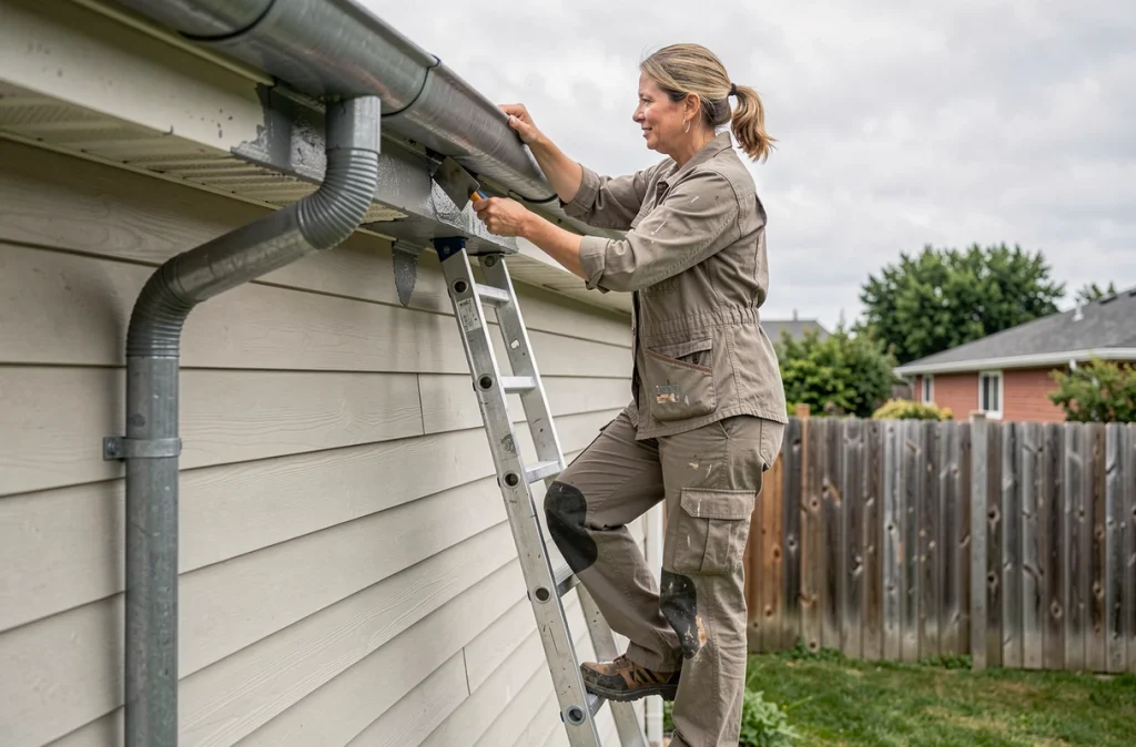 Femme appliquant un mastic d'étanchéité sur une gouttière pour éviter les infiltrations d'eau en toiture