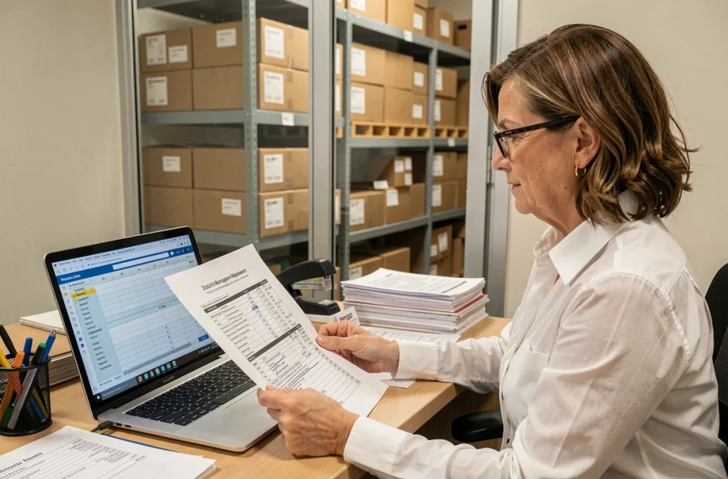 Responsable logistique analysant un inventaire de stock de cartons sur ordinateur et documents imprimés