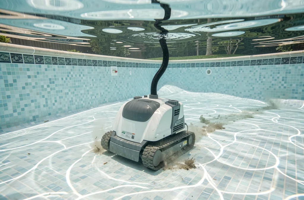 Robot hydraulique de piscine en fonctionnement sous l'eau sur le fond carrelé d'une piscine familiale
