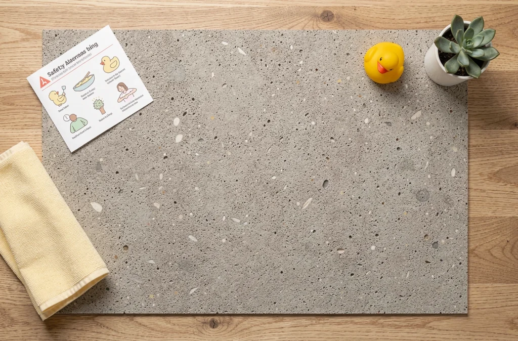 Vue de dessus d'un tapis en diatomite entouré d'accessoires de salle de bain pour enfants, illustrant les précautions d'utilisation et le confort