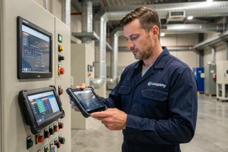 Technicien de terrain consultant une tablette industrielle avec le logiciel Aedex Ec lors d'une intervention sur site