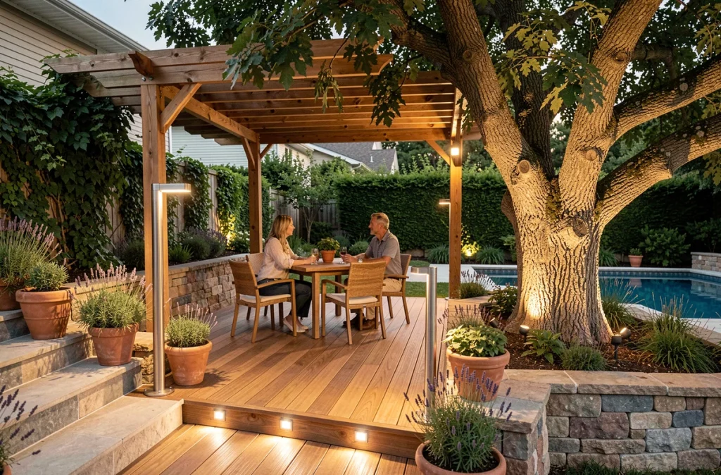 Terrasse extérieure avec éclairage intégré dans le sol et lanternes discrètes autour d'un couple en soirée