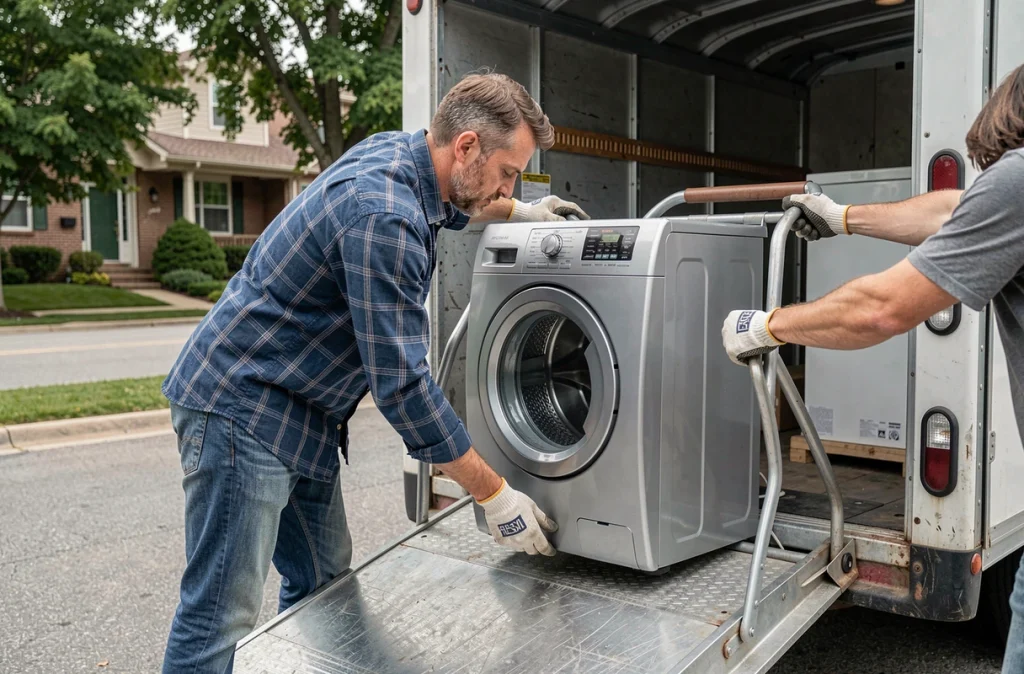 Homme déplaçant un lave-linge avec un diable lors d'un déménagement vers un camion de transport