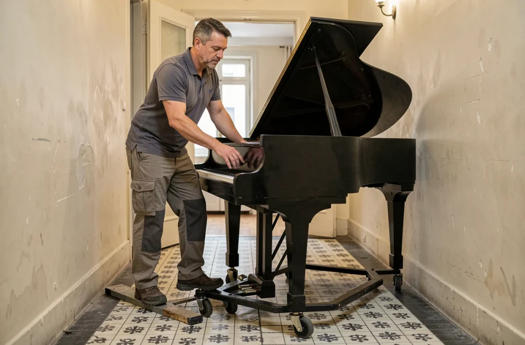 Transporteur de piano professionnel manœuvrant un piano à queue dans un couloir d'immeuble parisien étroit