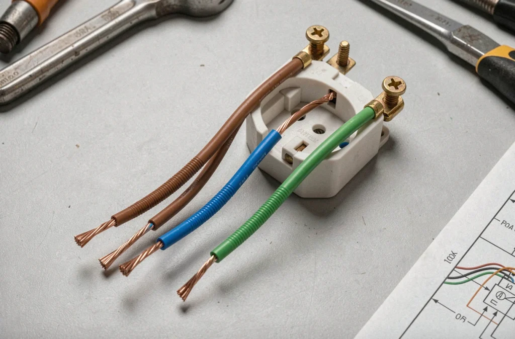 Gros plan sur les trois fils électriques dénudés et une prise démontée sur un établi